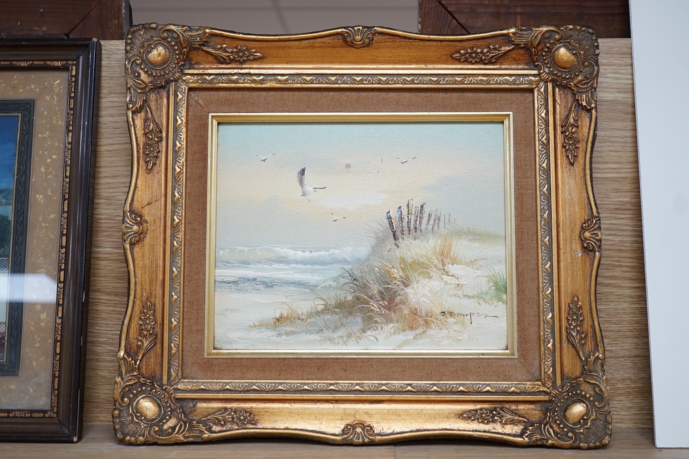 J. Thompson, oil on board, Beach scene, signed, 19 x 24cm